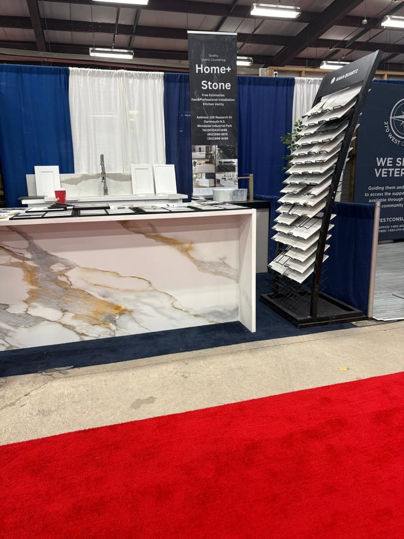 HomePlus Stone display counter and sample racks at a home show